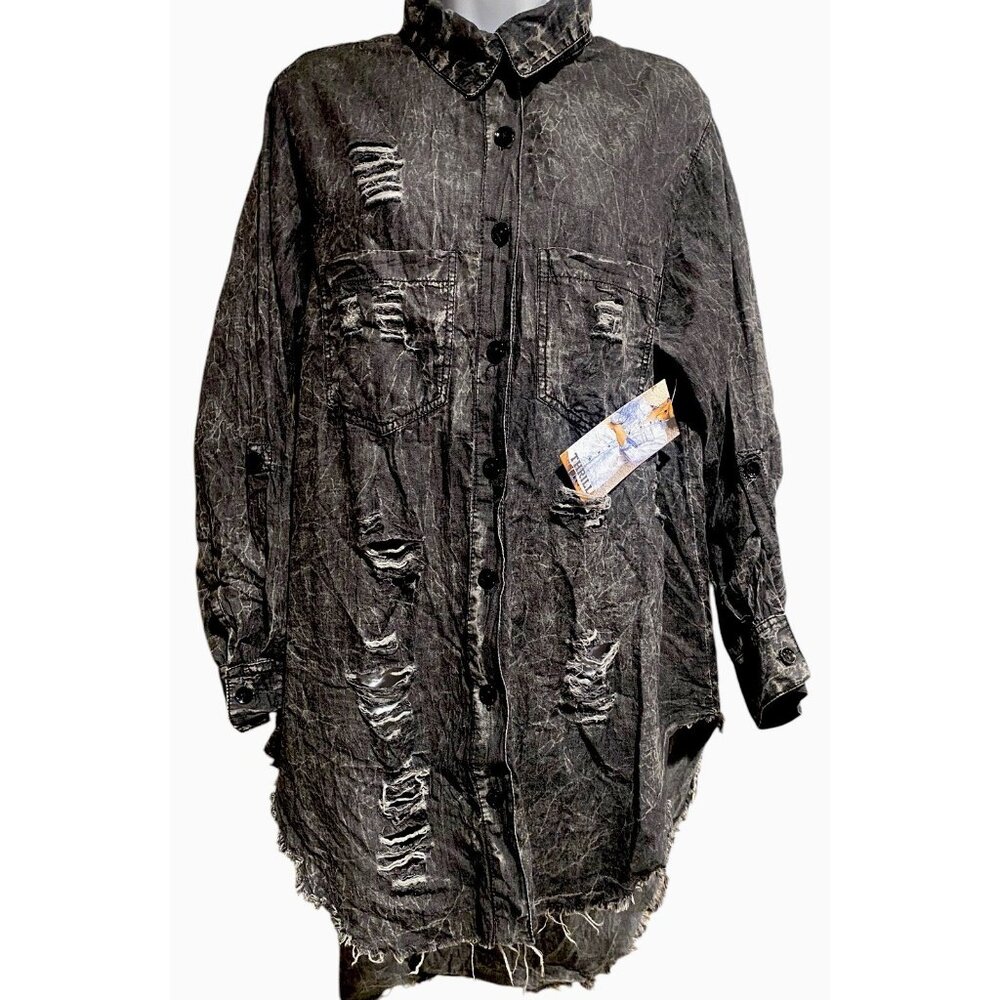 Thrill Jeans Shirt Women's 1X Gray Destroyed Acid Wash Y2K Grunge Thou Shalt Not